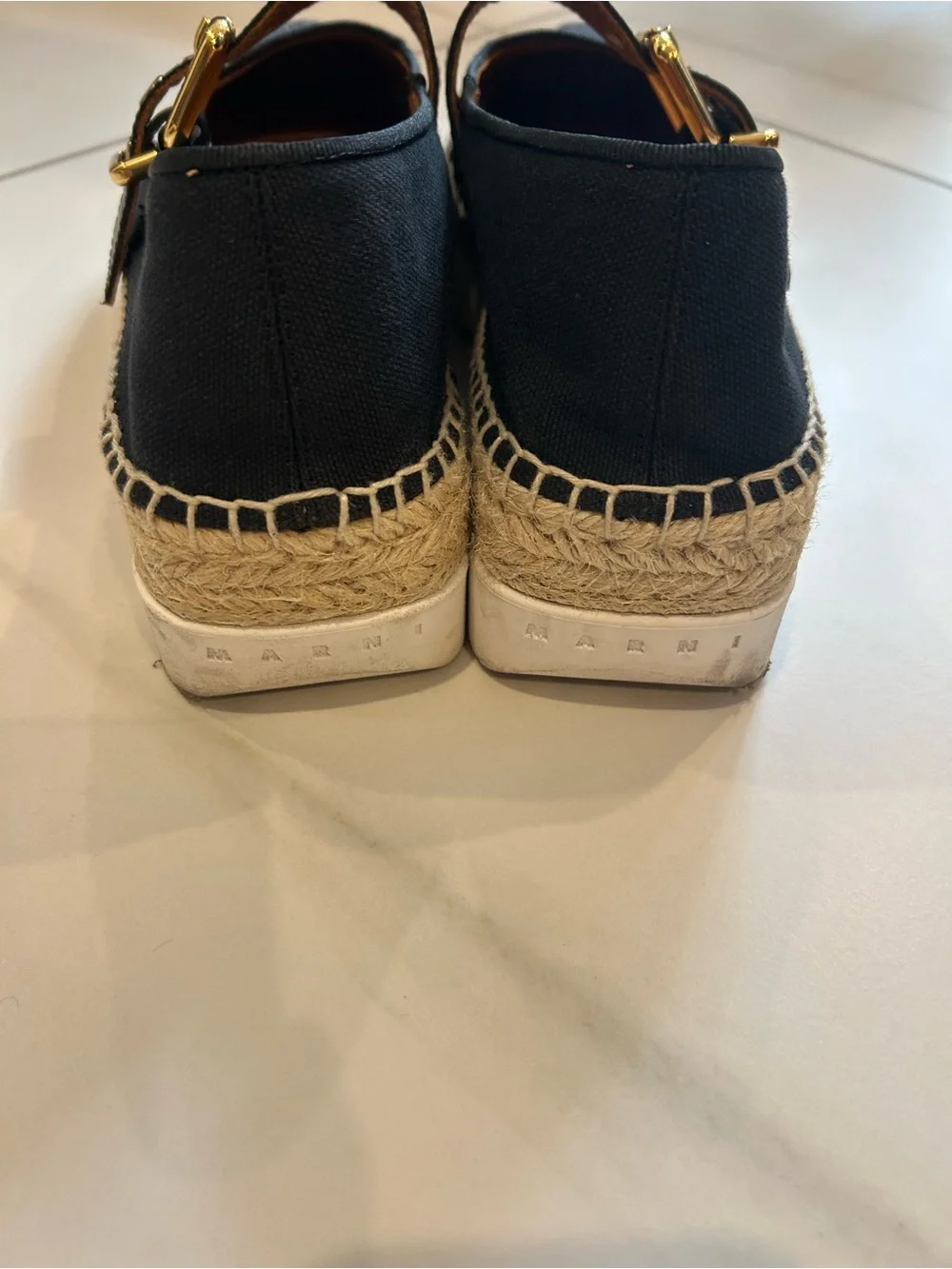 Marni Black Espadrille Mary Jane Flats with Gold Buckles